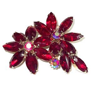Weiss Ruby Red Crystal Brooch AB Rhinestones Floral Gold Tone Vintage Jewelry